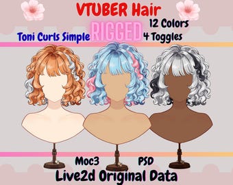 Opgetuigd Vtuber-haar: toni-krullen, 12 kleuren (psd-, moc3-, cmo3-bestanden) aanpasbare pruik.