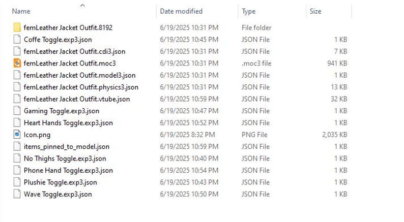 May include: A screenshot of a file directory with various file types, including JSON files, a PNG file, and a file folder. The file names suggest content related to a leather jacket outfit and toggles.