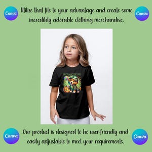 May include: A black t-shirt with a colourful graphic of a dog in a Halloween costume, holding a lollipop and a pumpkin. The text "BOYLO-WEEN PUP" is above the graphic. The image is on a green background with text that says "Utilize that file to your advantage and create some incredibly adorable clothing merchandise."