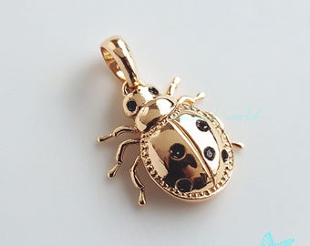 14K Gold Gemstone Ladybug Pendant, Good Luck Ladybug Pendant, Designer Gemstone Ladybug Pendant, Diamond Ladybud Pendant, Ladybug Pendant