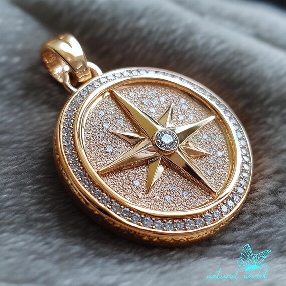 14K Gold Compass Pendant, Pave Gold Compass Pendant, Elongated Compass Pendant, North Star Compass Pendant, Pave Diamond Compass Pendant