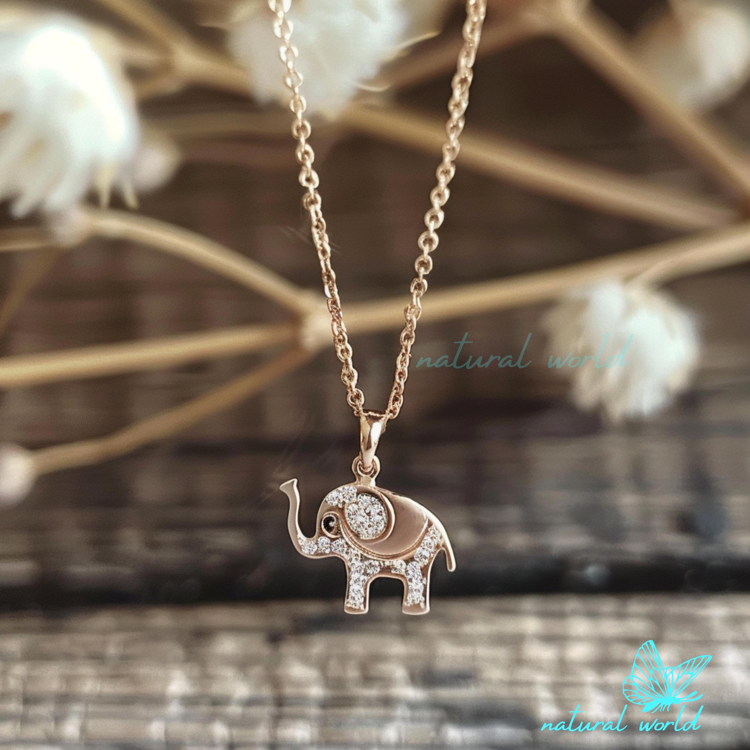 Diamond Elephant Pendant: 14K Gold Lucky Charm Necklace