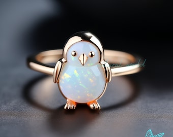 14k Gold Ethiopian Opal Penguin Ring, Penguin Gemstone Ring, Animal Inspired Penguin Ring, Designer Gemstone Penguin Ring, Penguin Jewelry