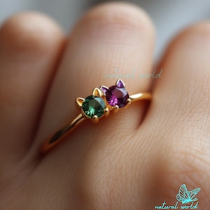 Anello con pietra portafortuna in oro 14 carati per donna, anelli con pietra portafortuna in oro per donna, anello con pietra portafortuna personalizzato, anello con due pietre portafortuna a scelta, anello in oro 14 carati