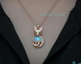 14k Gold Plated Opal Fox Pendant, Gemstone Fox Charm Pendant, Gold Carved Fox Charm Pendant, Handmade Fox Pendant, Animal Fox Pendant