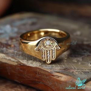 Anillo de sello de Hamsa con diamantes, anillo de Hamsa para el meñique de oro, anillo de mano de Hamsa con diamantes, anillo de sello de Hamsa con pavé, anillo de mano de Hamsa de oro