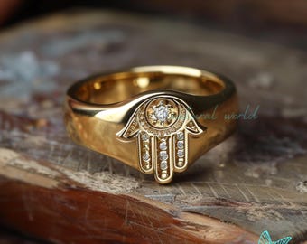 Anillo de sello de Hamsa con diamantes, anillo de Hamsa para el meñique de oro, anillo de mano de Hamsa con diamantes, anillo de sello de Hamsa con pavé, anillo de mano de Hamsa de oro