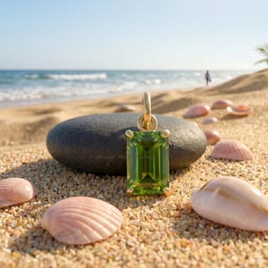 May include: A gold pendant featuring a rectangular emerald-cut green peridot gemstone held by four prongs. The pendant has a simple gold bail at the top and is positioned upright on a smooth dark grey stone, showcasing a vibrant green hue.