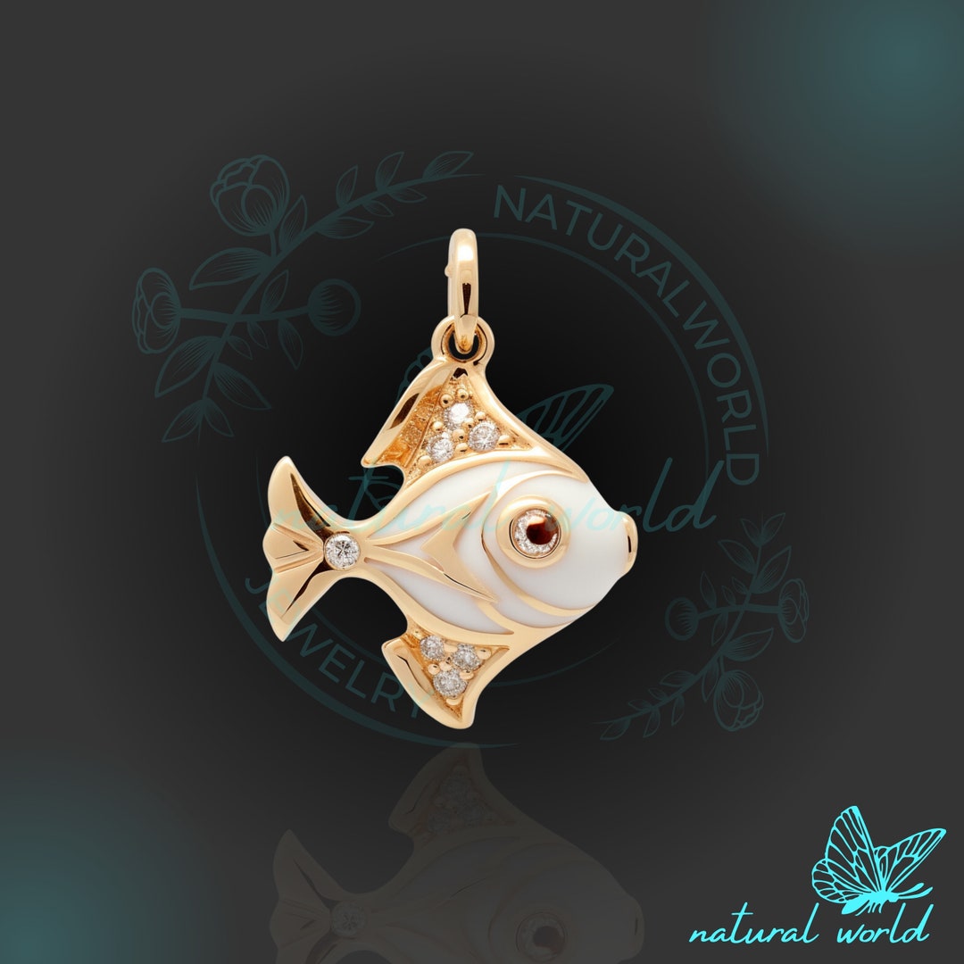924 Silver Enamel Fish Pendant, Diamond Enamel Fish Pendant, Gold Enamel Fish Charm, Dainty