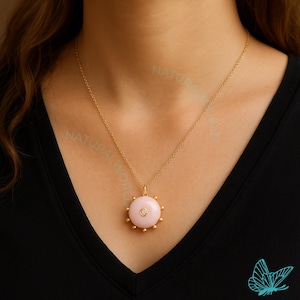 14K Gold Gemstone Disc Pendant, Pink Opal Disc Pendant, Designer Gemstone Disc Pendant, Gold Gemstone Disc Pendant, Carving Round Disc Charm