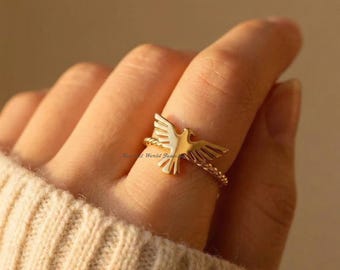 Adlerring aus 14-karätigem Gold, zierlicher Tiervogelring, Adlerring mit ausgebreiteten Flügeln, goldener Adler-Siegelring, Ring mit fliegendem Vogel, Schmuck aus Gold mit Vogelmotiv