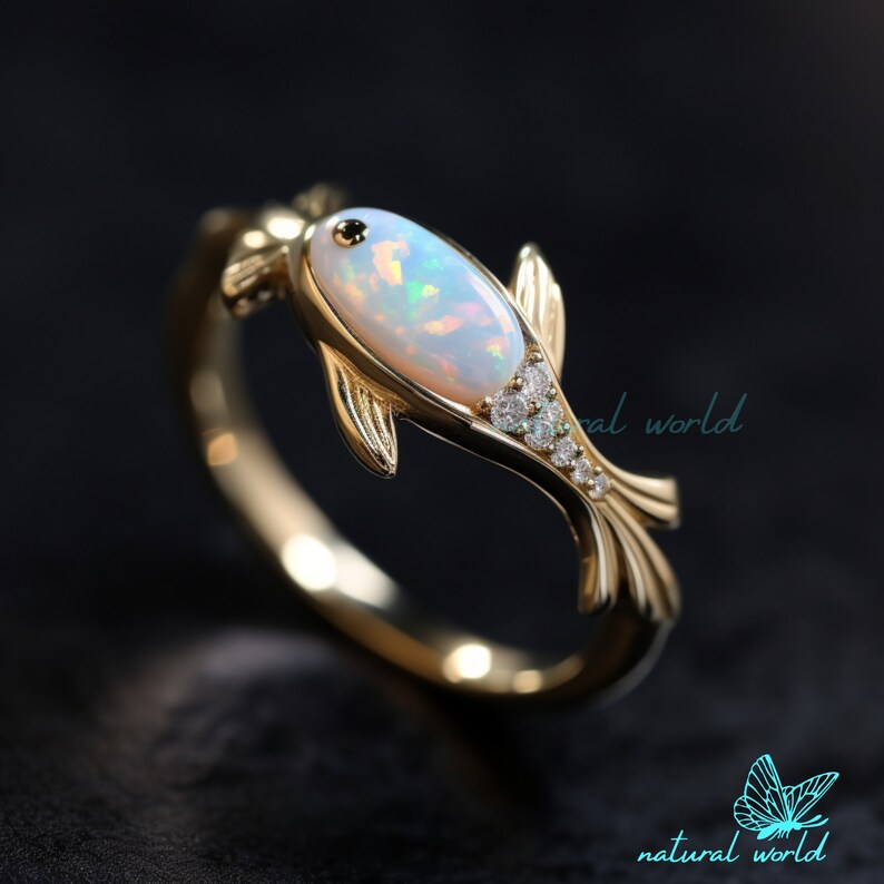 14K Gold Ethiopian Opal Fish Ring, Gold Gemstone Fish Ring, Gold Carved ...