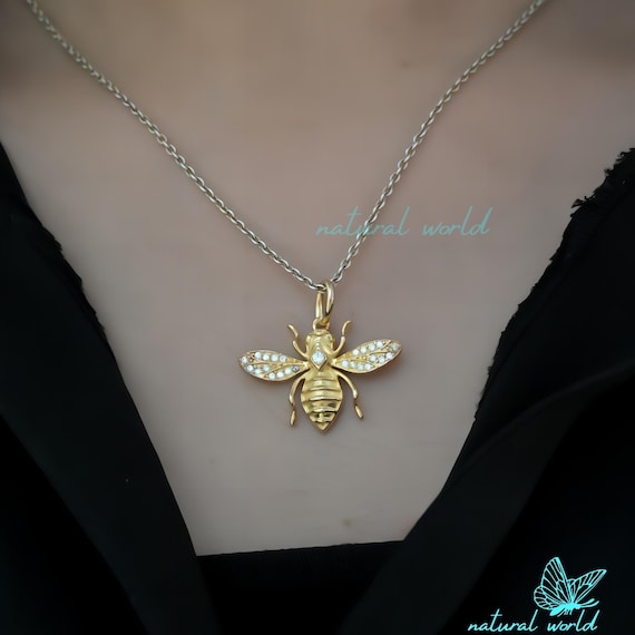 14k Gold Bumble Bee Pendant, Diamond Honey Bee Pendant, Pave Bumble Bee  Pendant, Designer Honey Queen Bee Pendant, Insect Honey Bee Pendant