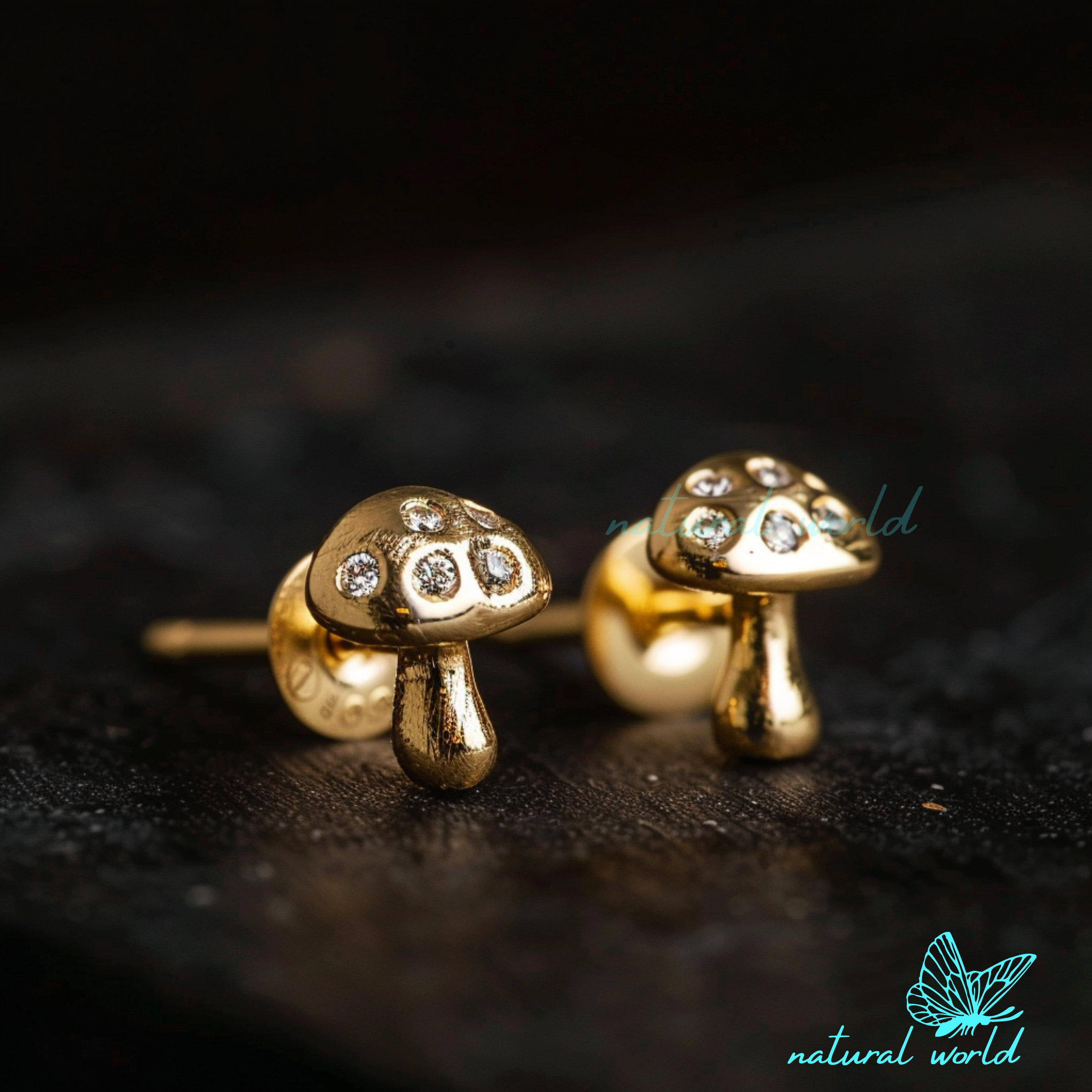 14k Gold Mushroom Studs Earrings Tiny Gold Mushroom Studs Gold Magic Mushroom Studs Design Gold Mushroom Studs Real Gold Mushroom Studs