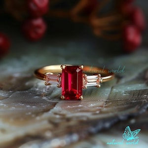 Peut inclure: Une bague en or avec une grande pierre précieuse de rubis taille émeraude et deux diamants taille baguette plus petits de chaque côté. La bague est posée sur une surface texturée de couleur brun clair.