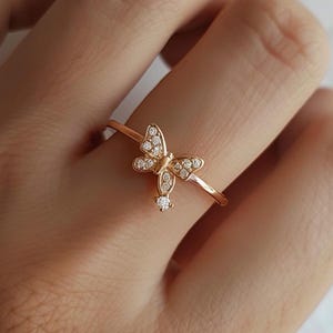 14K Gold Butterfly Ring, Diamond Butterfly Ring, Solid Gold Butterfly Ring, Gold Stacking Butterfly Ring, Pave Diamond Butterfly Ring