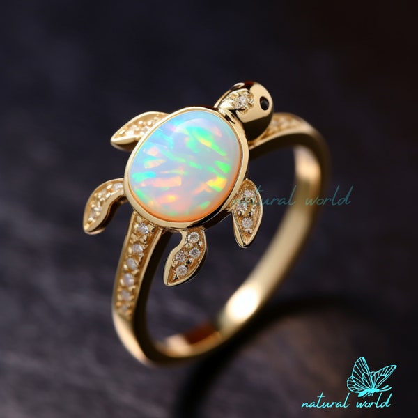 Bague tortue d'Éthiopie avec opale, bague tortue en plaqué or 14 carats avec pierres précieuses, bague tortue d'Éthiopie en or, bague en or tortue de mer avec opale