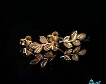 14K Solid Gold Olive Leaf Studs Earrings, Tiny Leaves Helix Studs Earrings, Branch Cartilage Studs Earrings, Gold Leaf Branch Studs Earrings