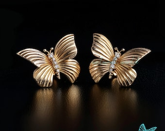 14K Gold Butterfly Earrings, Gold Pave Butterfly Earrings, Diamond Butterfly Studs, Cute Butterfly Stud Earrings, Tiny Gold Butterfly Studs