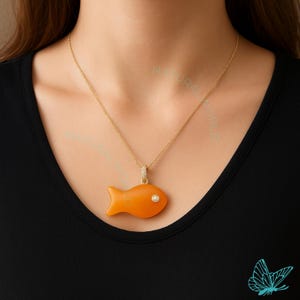 14K Gold Carving Fish Pendant, Designer Gemstone Fish Pendant, Carved Gemstone Lucky Fish Pendant, Animal Gemstone Fish Pendant