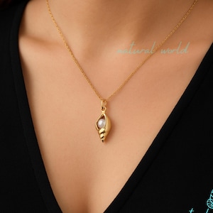14K Gold Conch Shell Pendant, Conch Shell with Pearl Pendant, Gold Tulip Conch Shell Pendant, Beach Conch Shell Pendant, Sea Shell Pendant