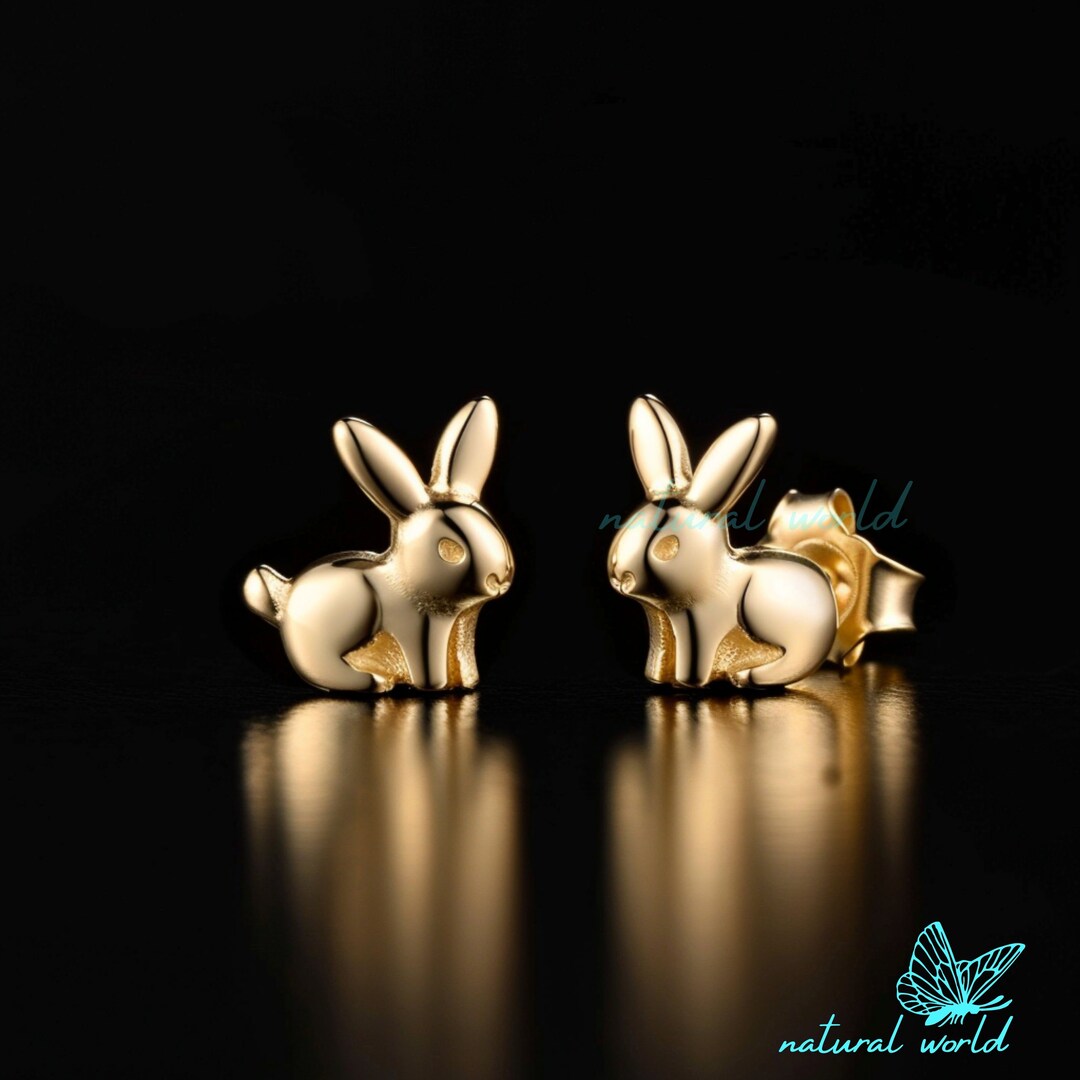 14k Gold Rabbit Studs Earrings, Delicate Rabbit Studs Earrings, Small ...