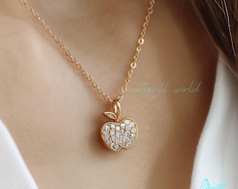 14K Gold Diamond Apple Pendant, Dainty Diamond Apple Pendant, Gemstone Apple Pendant, Pave Apple Charm Pendant, Designer Apple Pendant