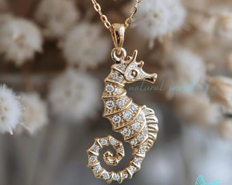 14K Gold Diamond Sea Horse Pendant, Pave Seahorse Pendant, Designer Seahorse Pendant, Diamond Tiny Seahorse Pendant, Beach Seahorse Jewelry
