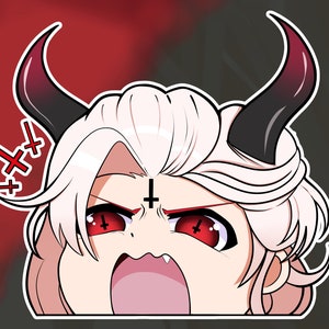 Op de afbeelding: Een cartoonillustratie van een demon met roze haar, rode ogen en zwarte hoorns. De demon schreeuwt met een kruis op zijn voorhoofd en een rode achtergrond.