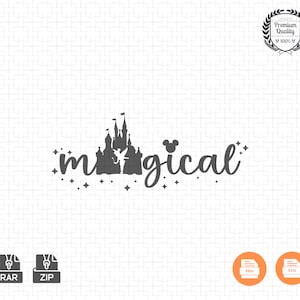 Op de afbeelding: Een grijze afbeelding met het woord "magical" in een scriptlettertype, met een kasteelsilhouet, sterren en een Mickey Mouse-hoofd. Inclusief bestandstype-pictogrammen voor PNG, SVG, RAR en ZIP.