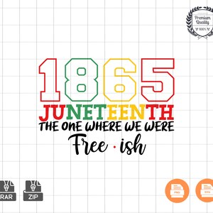 May include: A graphic design with the text "1865 Juneteenth The One Where We Were Free-ish" in red, green, yellow, and black. Includes file type icons for RAR, ZIP, PNG, and SVG.