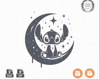 May include: A black and white silhouette of a cartoon character sitting on a crescent moon with stars. The character has large eyes and a wide smile.