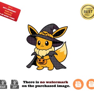 May include: A cartoon illustration of a yellow and orange Pokemon character wearing a witch's hat and holding a jack-o'-lantern. The Pokemon is wearing a black cape and has a fluffy white collar.
