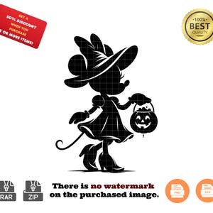 Peut inclure: Silhouette noire d'une souris de dessin animé portant un chapeau de sorcière et tenant une citrouille d'Halloween. La souris est vêtue d'une robe et a une longue queue.