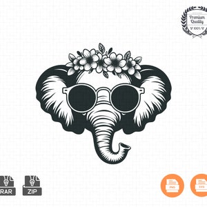 May include: Black and white illustration of an elephant wearing sunglasses and a flower crown.