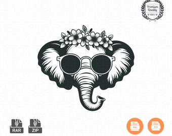 Cute Elephant SVG: Floral Sunglasses Animal Silhouette (Digital Download)