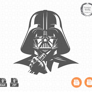 Könnte beinhalten: Schwarz-weiß-Illustration von Darth Vader aus Star Wars, der ein Lichtschwert hält. Das Bild ist im Vintage-Stil.