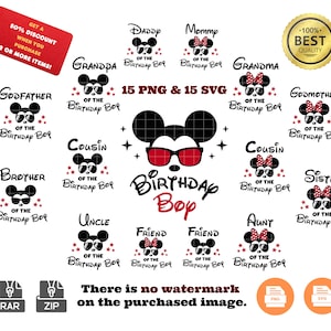 May include: A set of 15 digital files featuring a cartoon mouse wearing sunglasses and a bow. Each file includes the text "Birthday Boy" and a different family member title, such as "Godfather", "Cousin", and "Sister". The files are available in PNG and SVG formats.