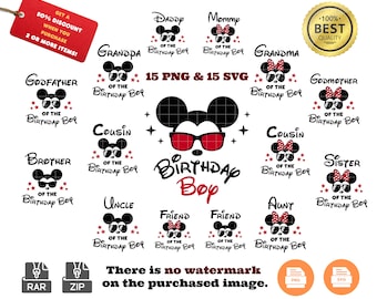 Peut inclure: Un ensemble de 15 fichiers numériques représentant une souris de dessin animé portant des lunettes de soleil et un nœud. Chaque fichier comprend le texte "Birthday Boy" et un titre de membre de la famille différent, comme "Parrain", "Cousin" et "Sœur". Les fichiers sont disponibles aux formats PNG et SVG.