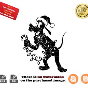 Può includere: Illustrazione in bianco e nero di un cane dei cartoni animati con cappello di Babbo Natale e papillon, che tiene in mano un bastoncino di zucchero e una ghirlanda luminosa. Include un'etichetta rossa con testo e icone di file.
