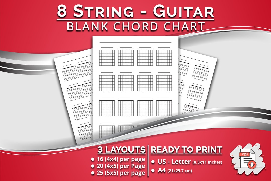 Printable 8 String Blank Guitar Chord, 3 Layouts (16, 20, 25 Chord