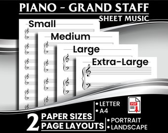 Printable Blank Piano Sheet Music, Grand Staff Music Paper, Portrait and Landscape Layouts, Letter - A4 Paper Sizes, Instant PDF Download