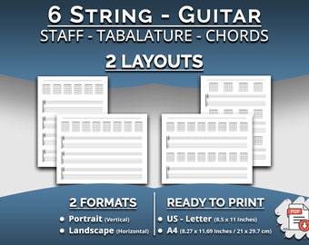 Printable Blank Guitar Tablature with Staff and chords Chart, 6 String Guitar Tab Paper with Stave & chords, Letter/A4 Size, PDF Download