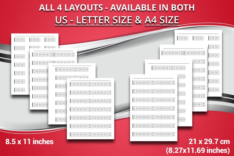 Printable 4 Strings Bass Guitar Fretboard Blank Diagrams, 4 Layouts (6 ...