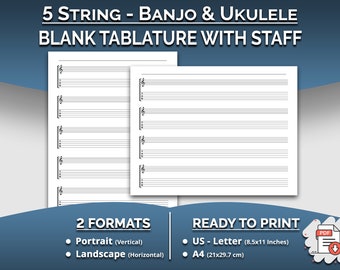 Afdrukbare 5-snarige banjo, 5-snarige ukelele - lege tabbladen en notenbalk, 5-snarige tabulatuur met notenbalklijnen, Letter/A4-formaat, Instant PDF-download