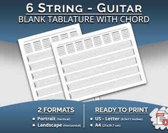 Printable 6 String Guitar Blank Tablature Sheet with Chords, Guitar Tab Paper for US Letter / A4 Instant Digital Download PDF Ready to Print