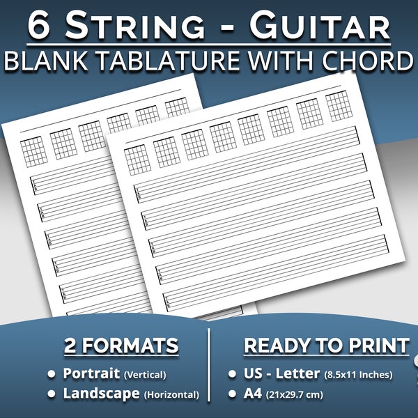 Printable 6 String Guitar Blank Tablature Sheet with Chords, Guitar Tab Paper for US Letter / A4 Instant Digital Download PDF Ready to Print