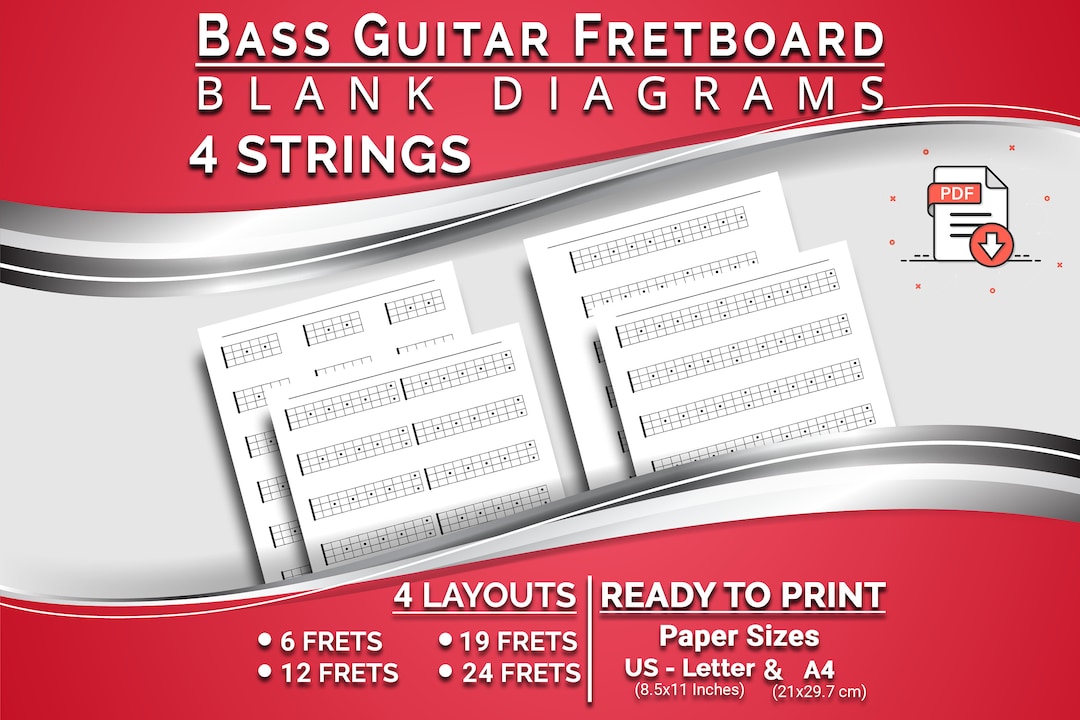 Printable 4 Strings Bass Guitar Fretboard Blank Diagrams, 4 Layouts 6