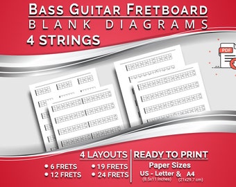 Printable 4 Strings Bass Guitar Fretboard Blank Diagrams, 4 Layouts (6, 12, 19, 24 Frets), Blank Bass Neck Fret Charts, Ready to print