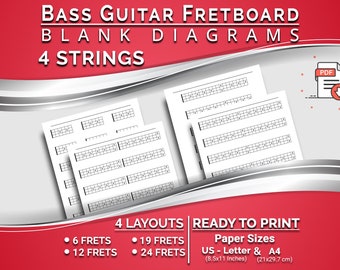 Afdrukbare 4-snarige basgitaar toets blanco diagrammen, 4 lay-outs (6, 12, 19, 24 frets), blanco bashalsfretgrafieken, klaar om af te drukken